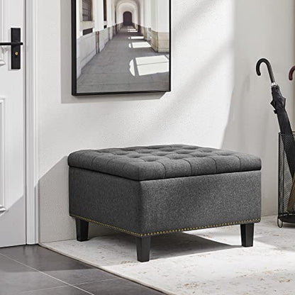 Yaheetech 28in Square Storage Ottoman Coffee Table with Nailhead, Dark Gray | Button-Tufted Linen-Look Fabric Bench, 3.2C Storage Space, Wood Legs, Metal Hinges, for Bedroom Foot of Bed Living Room - size: 28"D x 28"W x 18"H