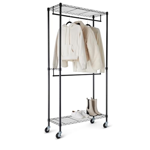 Amazon Basics Adjustable Double Rod Rolling Garment Rack, Hanging Clothes Closet Organizer with Wheels, Heavy Duty, 36" x 14" x 72", Black - color: Black