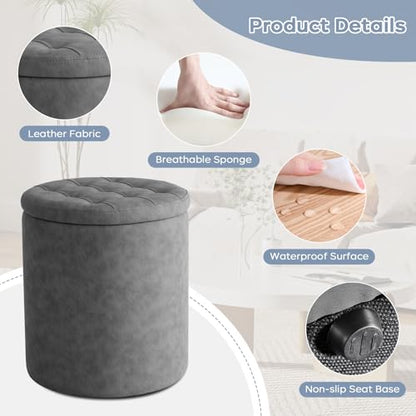 oakvivo 12.6" W x 14.17" H & 14.76" W x 17.32" H Storage Ottoman Foot Stool for Couch, Nesting Round Vanity Stools Padded Ottomen, Leather Set of 2 Footrest for Living Room,Grey - color: Grey
