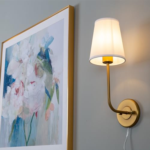Set of 2 Plug in Wall Sconces, Rustic Wall Lighting Fixtures with On/Off Switch and Pure White Fabric Lampshade, Antique Brass Wall Lamps for Living Room Bedroom - size: 2-pack
