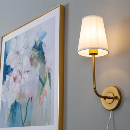 Set of 2 Plug in Wall Sconces, Rustic Wall Lighting Fixtures with On/Off Switch and Pure White Fabric Lampshade, Antique Brass Wall Lamps for Living Room Bedroom - size: 2-pack