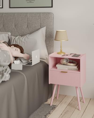 Nightstand,Modern Bedside Table with Storage Drawer and Open Wood Shelf, for Living Room, Bedroom and Small Spaces, Accent Night Stand with Solid Wood Legs, Easy Assembly,Classic Pink - color: Pink