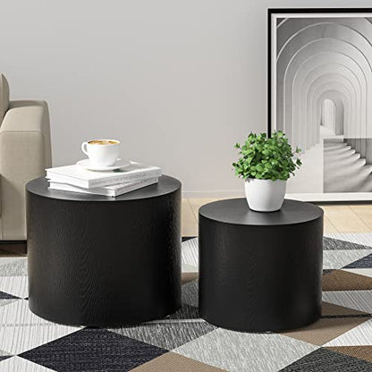 Nesting Coffee Table Set of 2, Black Round Wooden Modern Circle Table for Small Space Living Room Bedroom Accent End Side Table (Black-Round) - color: A-black