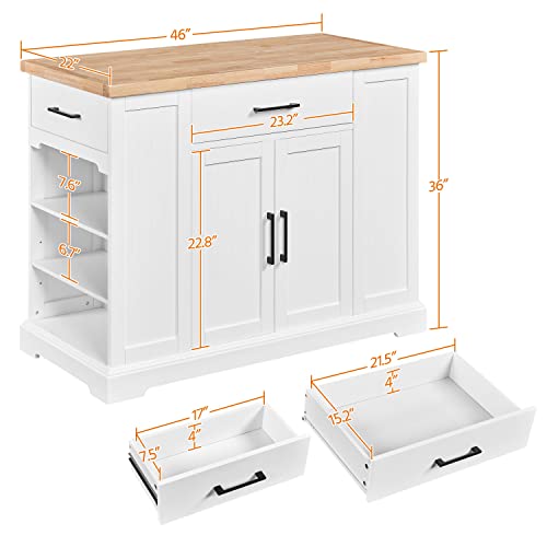 Yaheetech Rolling Kitchen Island Cart with 3 Drawers & Open Shelves, White | Mobile Kitchen Island with Storage on Wheels with Adjustable Shelves, Thick Rubberwood Top for Dining/Living Room/Kitchen Bar - color: White