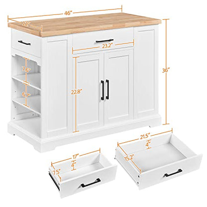 Yaheetech Rolling Kitchen Island Cart with 3 Drawers & Open Shelves, White | Mobile Kitchen Island with Storage on Wheels with Adjustable Shelves, Thick Rubberwood Top for Dining/Living Room/Kitchen Bar - color: White