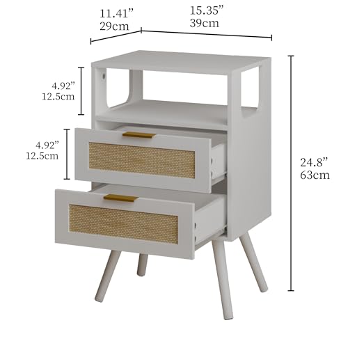 Rattan Nightstand,Farmhouse Bedside Table with 2 Storage Drawer and Open Wood Shelf, for Bedroom and Small Spaces,Night Stand with Solid Wood Legs (White) - color: White