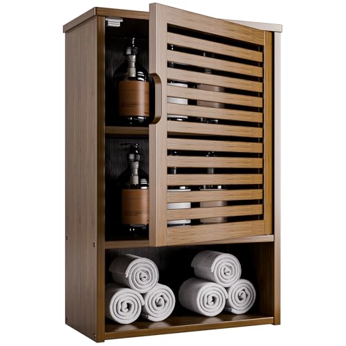 HITNET Medicine Cabinet, Wall Hanging Cabinet with Adjustable Shelf, Bathroom Storage Organizer Over the Toilet with Single Door and Open Bottom Shelf, Walnut - color: Walnut