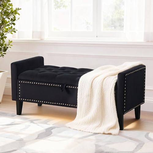 47in Velvet Storage Ottoman Bench with Arms, Upholstered Storage Bench with Wooden Legs, Storage Bench for Bedroom, Living Room, Entryway, Black - color: Black