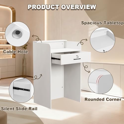 Wood Reception Desk with Counter, Front Desk with LED Light&Lockable Drawer | Small Modern Reception Table Retail Checkout for Counter for Lobby, Beauty Salon, White (37.8"L x 23.6"W x 15.7"H) ﻿ - size: 37.8x23.6x15.7in