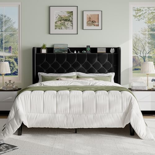 SHA CERLIN Full Size Platform Bed Frame with Charging Station, Velvet Wingback Headboard with Storage Shelf, Wooden Slats Support, Ample Under-Bed Space, No Box Spring Needed, Easy Assembly, Black - color: Black, size: Full