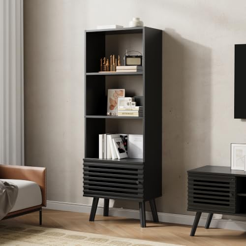 Furnify 4-Tier Narrow Bookcase with Open Shelf and Slatted Door, Black | 55" H Corner Bookcase with 4 Cubes, Mid Century Modern Wood Bookshelf, Display Storage Cabinet for Living Room Home Office - color: Black, size: 55" H