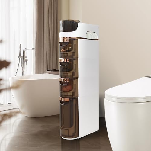 BGYMF 4-Tier Narrow Slim Bathroom Storage Cabinet,Movable,White | ABS and PP,with Wheels and Drawers,Large Storage Capacity,Water Resistant,Toilet Paper Holder,for Small Spaces - size: Slim 4 Tiers