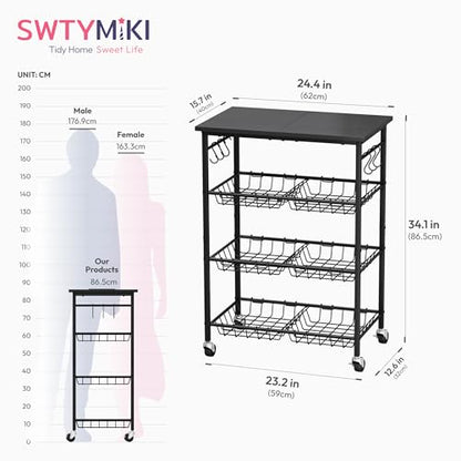 SWTYMIKI 24.4''x15.7'' Rolling Microwave Cart - 4 Tier Microwave Table Stand with 6 Storage Baskets, Coffee Bar with Wheels, Kitchen Utility Cart Shelf Rack Organizer for Vegetables, Potato, Black - color: Black