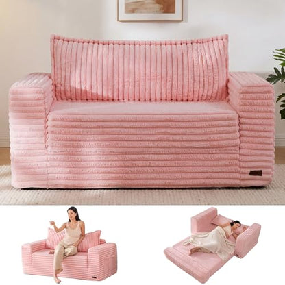 MAXYOYO Convertible Sofa Bed, Pull-Out Loveseat Couch Bed for Small Space | 2 in 1 Folding Couch Bed with Large Back Pillow, Plush Faux Fabric Lounge Couch for Living Room, Apartment, Pink - color: Pink