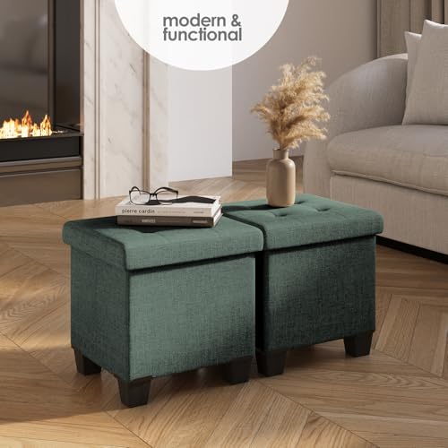 Storage Ottoman Cube with Small Bin, 15-in Square Ottoman with Storage for Living Room and Bedroom, Small Ottomans Foot Rest, Fabric Foot Stools Ottomans Max 330lbs, Green - color: 03 - Green