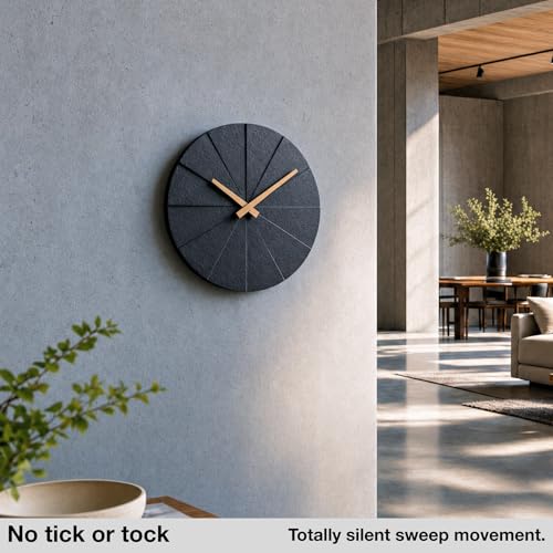 Driini Staircase Modern Wall Clock - Unique Frameless Concrete Design - Contemporary, Minimalist Decor; No Numbers - Silent Battery Operated Clocks with Decorative Wooden Hands (Black + Oak, 12.5″) - color: Black + Oak, size: 12.5″