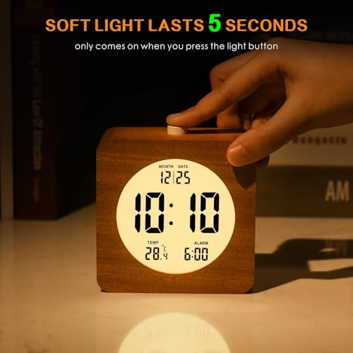 Plumeet Wooden Digital Alarm Clock for Bedrooms, Wood 4'' Battery Powered Alarm Clock with Snooze and Nightlight, Electronic LCD Desk Clock Display Time, Date, Temp, 12/24H, Wood Décor, Square, Sapele - color: Sapele, size: Square 4''
