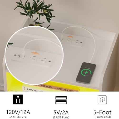 Veegle White Floating Nightstand with Charging Station and LED Lights (White) - color: White