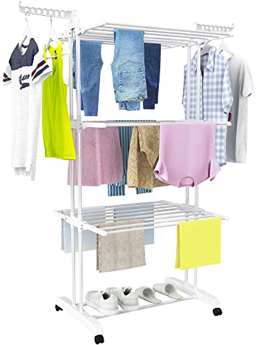 HOMIDEC Clothes Drying Rack, 4-Tier(67.7" H) Foldable Drying Rack Clothing | Foldable Stainless Steel Drying Rack, Movable Laundry Drying Rack with 4 Castors and 14 Hooks for Bed Linen, Clothing, White - color: White