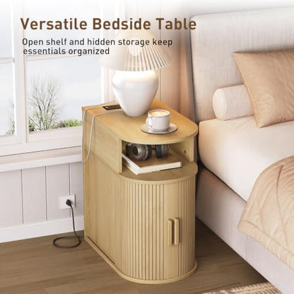 Narrow End Table with Charging Station, Fluted Sofa Side Table with Sliding Curved Door and Storage Shelf, Mid-Century Bedside Table, Modern Nightstand for Living Room, Bedroom, Natural - color: Natural