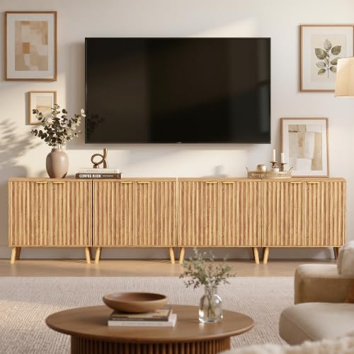 Set of 4 Fluted Storage Cabinet, Buffet Cabinet with Storage, Wood Sideboard with Adjustable Shelf, Modern Accent Cabinet & Console Table for Entryway, Living Room, Dining Room, Natural - color: Natural, size: 4 Pieces