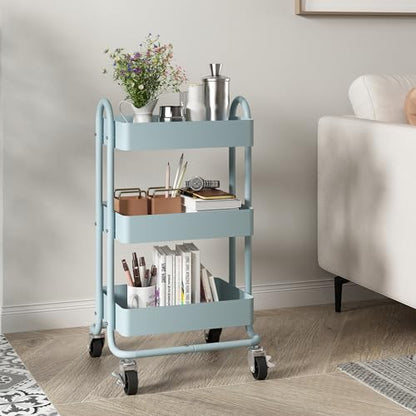 Metal Rolling Cart,3-Tier Metal Rolling Cart with Wheels,3 Tier Utility Cart with Wheels for Office,Home,Kitchen,Garden（13.4"x18.1"x31"） Blue - color: Blue, size: 31"H