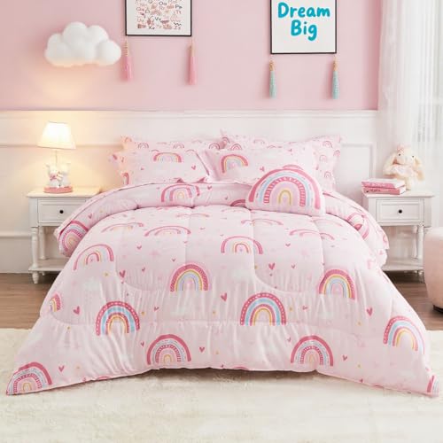 Bed in a Bag for Kids Girls Teens, 6 Pieces Twin Size Comforter Bed Set with Shams, Sheet Set and Decorative Toy Pillow, Rainbow Pink Super Soft Microfiber Kids Comforter Bedding Set - color: Pink Rainbow, size: Twin