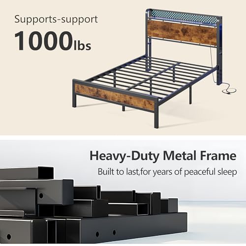 Full Bed Frame with Headboard,Charging Station and LED Lights | Metal Platform Bed with Charging Station and LED Lights, Noise Free, Easy Assembly,No Box Spring Needed, Brown - size: Full