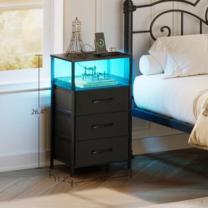JARHETUN Night Stand Set 2 with Charging Station, 3 Drawer Nightstands with LED Lights, End Table with Outlets and USB Ports, Side Table with Open Shelf, Bedside Tables for Bedroom, Black - color: Black, style: Power & LED