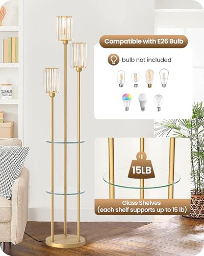 Gold Floor Lamp with Shelves, Modern Floor Lamp with 3 Crystal Shades and Foot Switch, 3-Light Standing Lamp with 3 Shelves, for Living Room, Bedroom, Study, Office, Gold D53LD05 - color: Gold + Crystal Glass
