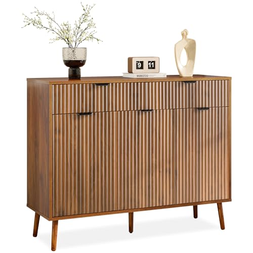 LYNCOHOME Fluted Sideboard Buffet Cabinet with Storage,2 Drawers and 3 Doors,Wood Coffee Bar Cabinet with Solid Wood Feet for Kitchen,Hallway - size: 15.8"D x 43.3"W x 34.7"H