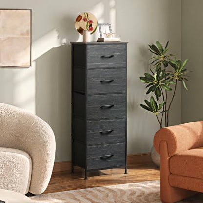 WLIVE 5 Drawer Dresser for Bedroom, Tall Chest of Drawers, Black Wood Grain | 5 vertical fabric drawers, Tall vertical design, Bedroom or closet use, Dresser for small spaces, Sturdy steel frame - color: Charcoal Black Wood Grain Print