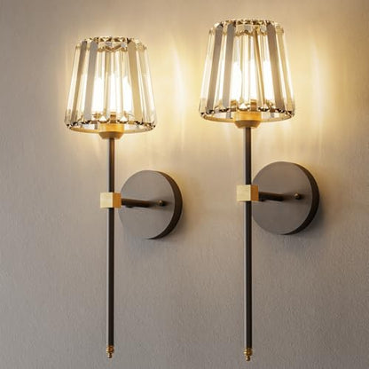 Crystal Battery Operated Wall Sconces Set of 2, Black and Gold Rechargeable Wireless Wall Lights with Crystal Lampshade, 12 RGB and 3CCT Dimmable Wall Lamps with Remote for Bedroom Living Room Hallway - color: Black and Gold