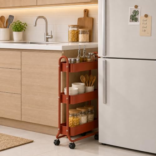 SunnyPoint Slim Rolling Storage Cart, 3 Tier Bathroom Storage Organizer Bathroom, Laundry Utility Cart (RED) - color: Red
