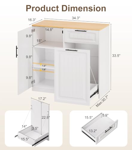 ZIFTY Pull Out Trash Can Cabinet with Storage, 13 Gallon Trash Can, White | Pet Proof, Freestanding Kitchen Cabinet, Drawer & Adjustable Shelf, Garbage Recycling, Modern Farmhouse Waste Bin Furniture - color: White, size: 34.3"W X 16.3"D X 33.5"H