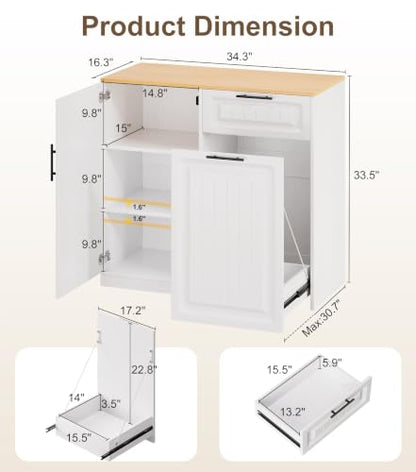 ZIFTY Pull Out Trash Can Cabinet with Storage, 13 Gallon Trash Can, White | Pet Proof, Freestanding Kitchen Cabinet, Drawer & Adjustable Shelf, Garbage Recycling, Modern Farmhouse Waste Bin Furniture - color: White, size: 34.3"W X 16.3"D X 33.5"H