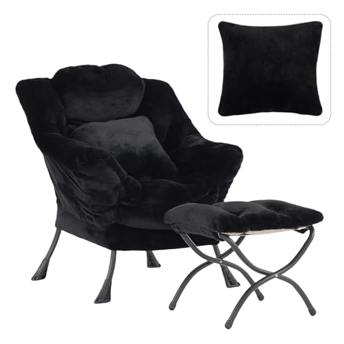 Lazy Chair with Ottoman, Plush Reading Chair with Pillow，Black | Removable machine-washable cover; includes an extra throw pillow; cozy accent chair for living room, bedroom, dorm or office - color: Plush Black-1