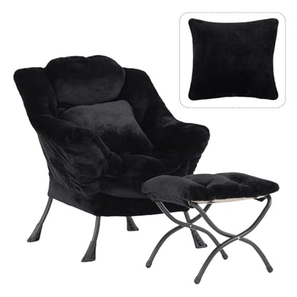 Lazy Chair with Ottoman, Plush Reading Chair with Pillow，Black | Removable machine-washable cover; includes an extra throw pillow; cozy accent chair for living room, bedroom, dorm or office - color: Plush Black-1