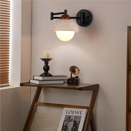 Matte Black Swing Arm Wall Sconce, Adjustable E26 Hardwired Vanity Light, Modern Travertine Lamp for Bedroom Bedside, Bathroom, Living Room