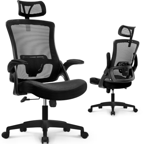 NEO CHAIR Office Desk Chair with Ergonomic High Back Headrest, Mesh Black | Adjustable Headrest and Lumbar Support with Flip-Up Armrests Designed for Extended Sitting Comfort While Saving Space - color: Mesh Black