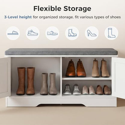 DUMOS Shoe Storage Bench, 39" Wide Shoe Organizer Cabinet with Padded Seat Cushion, 2 Doors, Adjustable Shelf for Entryway, Hallway, Bedroom, Living Room, White - size: 39 inches