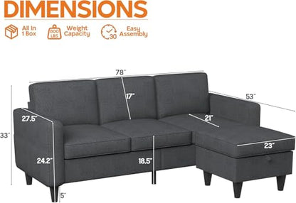 L Shaped Couch for Living Room 3 Seater Sofa with Storage Movable Ottoman | 78"Modern Linen Grey Couches 3 Seats Sofas with Chaise for Studio Apartment Office Basement Small Space, Easy Assembly - color: Dark Grey-linen