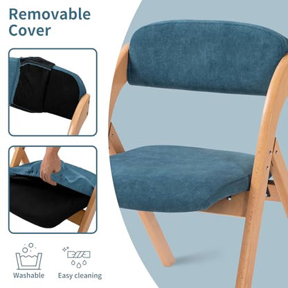 Folding Chairs with Padded Seats | Wooden Stackable Dining Chair Set of 2 with Removable Cover Extra for Guests Kitchen Office Wedding Party Picnic, Smog Blue - color: Smog Blue, size: 2PCS