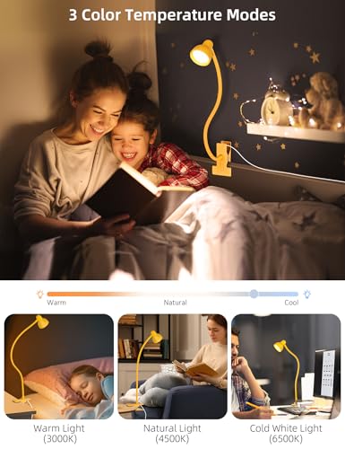 LiFMIRA Desk Lamp Clip on Lamp for Bed, LED Reading Light for Bed Yellow | 3 Colors 10 Dimmable Brightness, LED Book Light for Reading in Bed Flexible Clip on Light Clamp Lamp for Bed Headboard Desk - color: Yellow