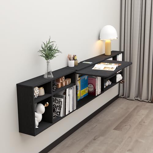 Floating Desk with Storage Shelves, 82'' Wall Mounted Desk Laptop Writing Study Table, Folding Drop Leaf Table, Multifunctional Computer Workstation for Narrow Small Space