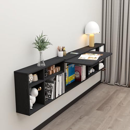 Floating Desk with Storage Shelves, 82'' Wall Mounted Desk Laptop Writing Study Table, Folding Drop Leaf Table, Multifunctional Computer Workstation for Narrow Small Space
