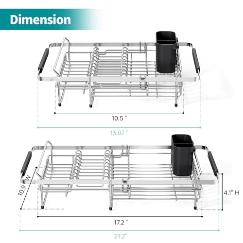 Urackify Expandable Stainless Steel Dish Drying Rack, 13-18 Inch | Expandable design in sink dish rack . Stainless steel with utensil holder, ample storage capacity ideal for small kitchens. - color: Silver
