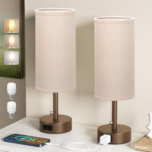 Brown Bedside Table Lamps Set of 2 - Bedroom Lamp for Desk, AC Outlet | 3CCT(3000K/4000K/5000K), LED Bulbs Included, Beige Fabric Lampshade, 14in Small Lamp for Nightstand, Guest Room, Living Room - color: Brown, size: 14.0in