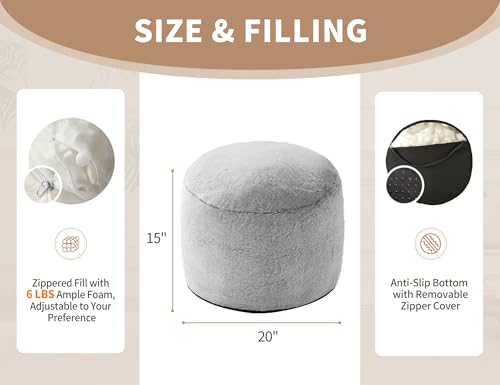 WSOFRLAC Boho Ottoman Living Room Furniture 20"x15", Large Round Ottomans Pouf Couch Foot Rest Grey Pouf Ottoman Foot Rest with Foam Chunk Filling, Pouffe Ottomans Stuffed Foot Rest Poufs for Couch - color: Light Grey, size: 20"D x 20"W x 15"H