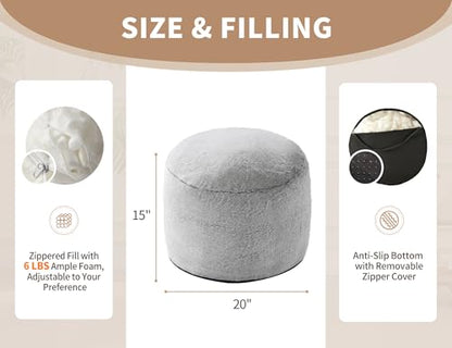 WSOFRLAC Boho Ottoman Living Room Furniture 20"x15", Large Round Ottomans Pouf Couch Foot Rest Grey Pouf Ottoman Foot Rest with Foam Chunk Filling, Pouffe Ottomans Stuffed Foot Rest Poufs for Couch - color: Light Grey, size: 20"D x 20"W x 15"H